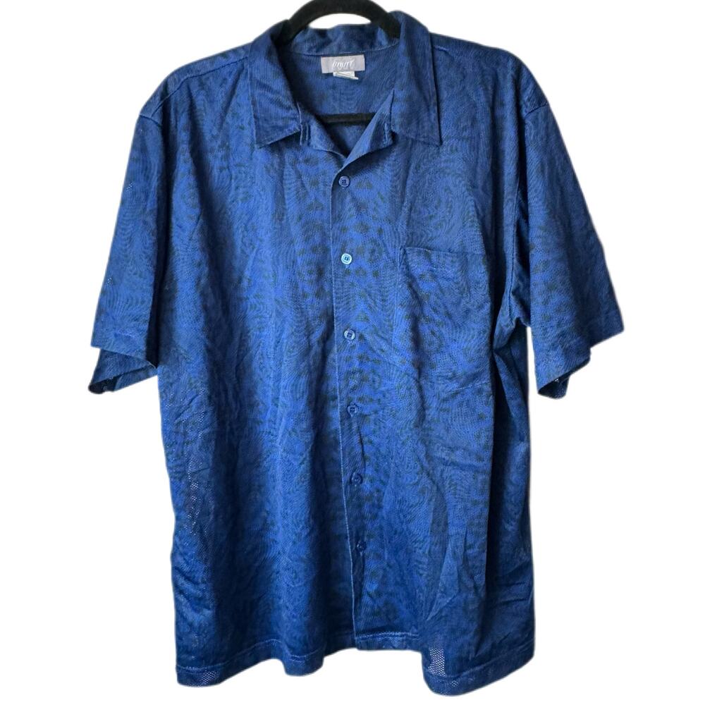 Vintage UTILITY Mens Y2K Mesh Rave Disco Short Sleeve Button Up Blue Size Large